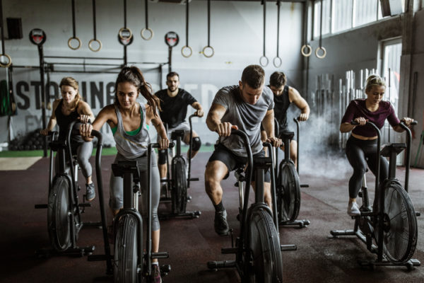 Gym training on stationary bikes