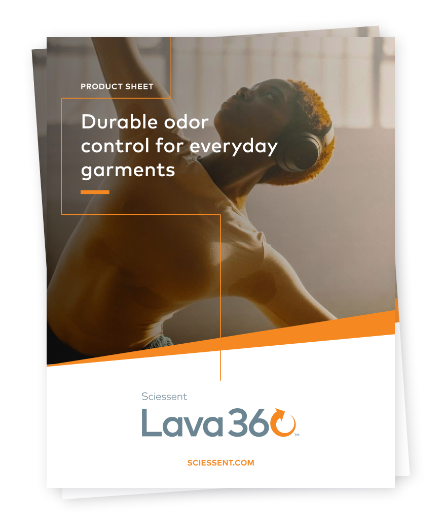 Lava360™ Product Sheet PDF download cover showing odor protection for garments